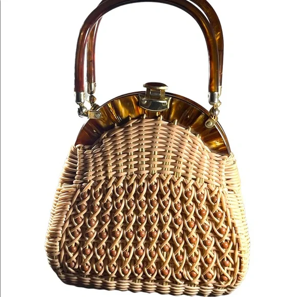 #37 VTG  Wicker Lucite handle fancy woven basket bead purse - Picture 15 of 16